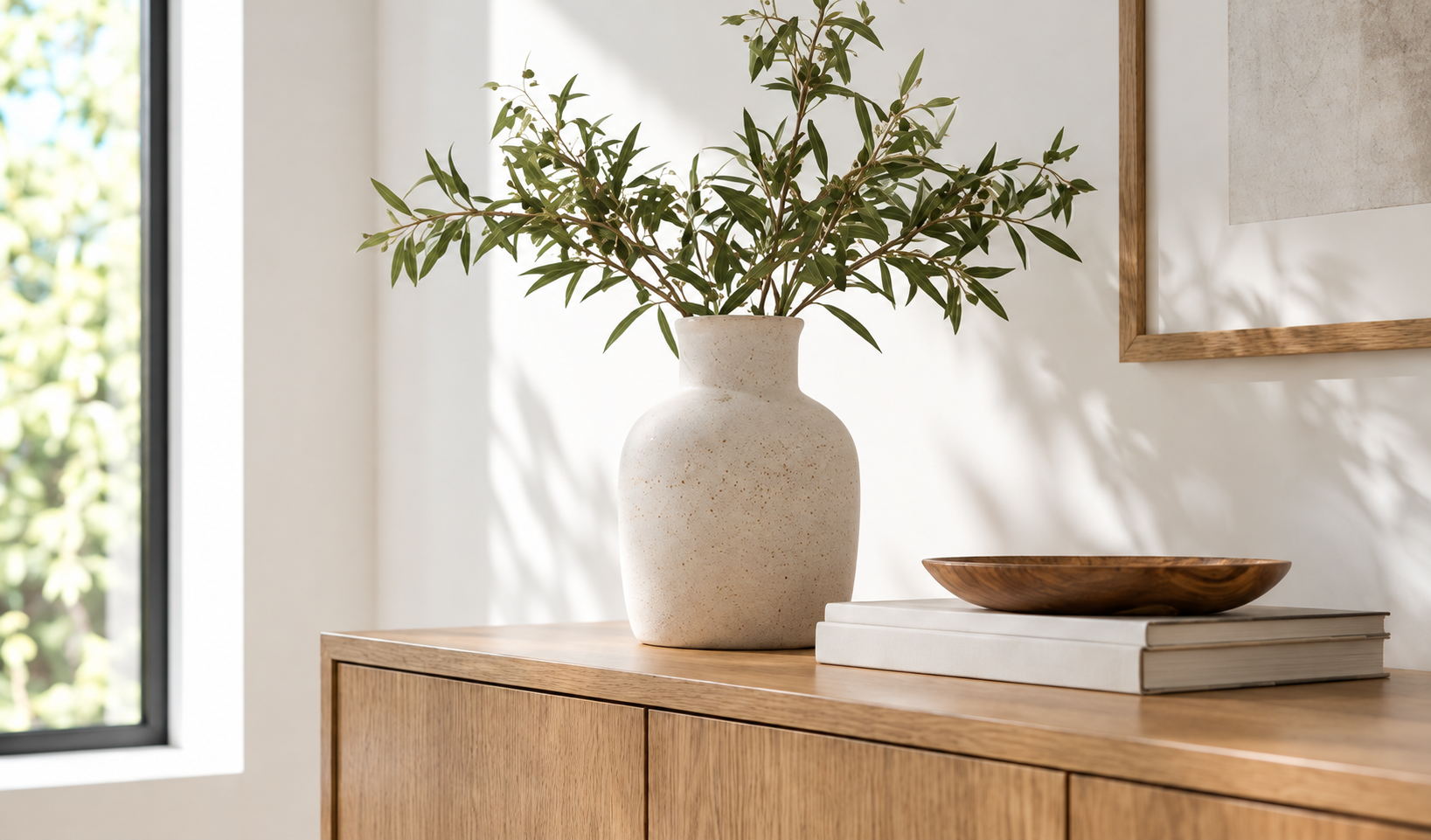Illustrative home interior with an oak console, a ceramic vase and leafy branches.